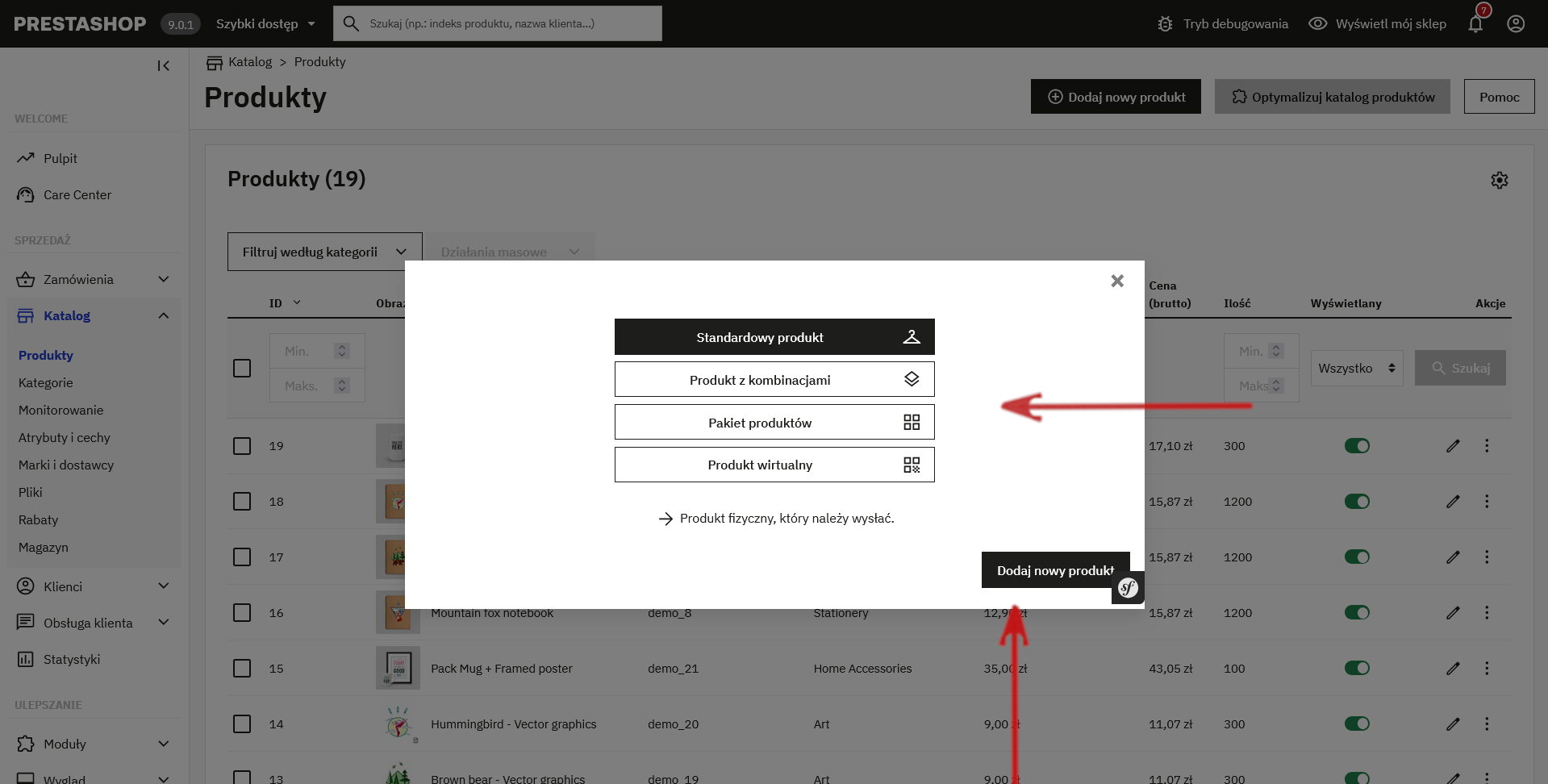 wybór typu produktu