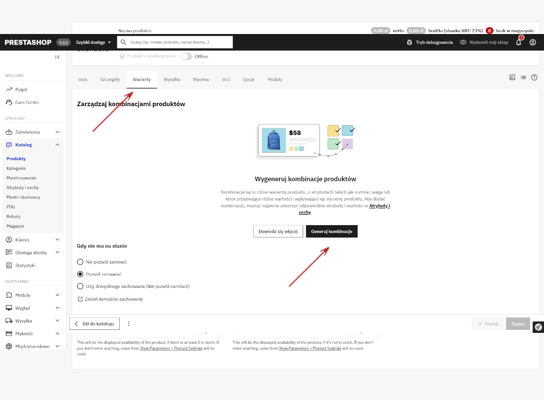 Produkty z wariantami i kombinacjami